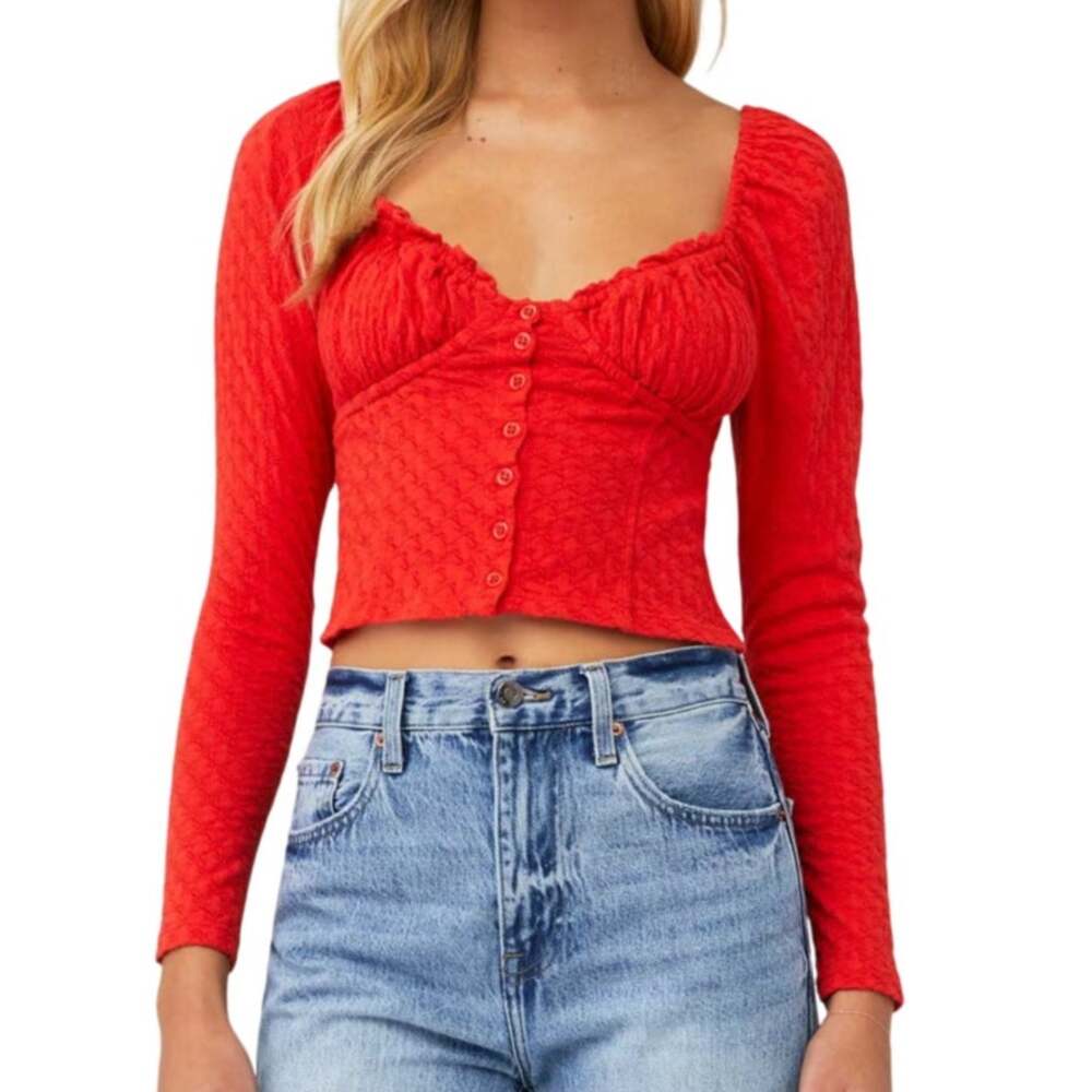 Free People Ladybug Orange-Red Eyelet Long Sleeve Top S